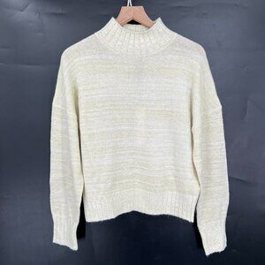 New NSR mock neck sparkle metallic sweater wool blend cream gold eyelash knit M